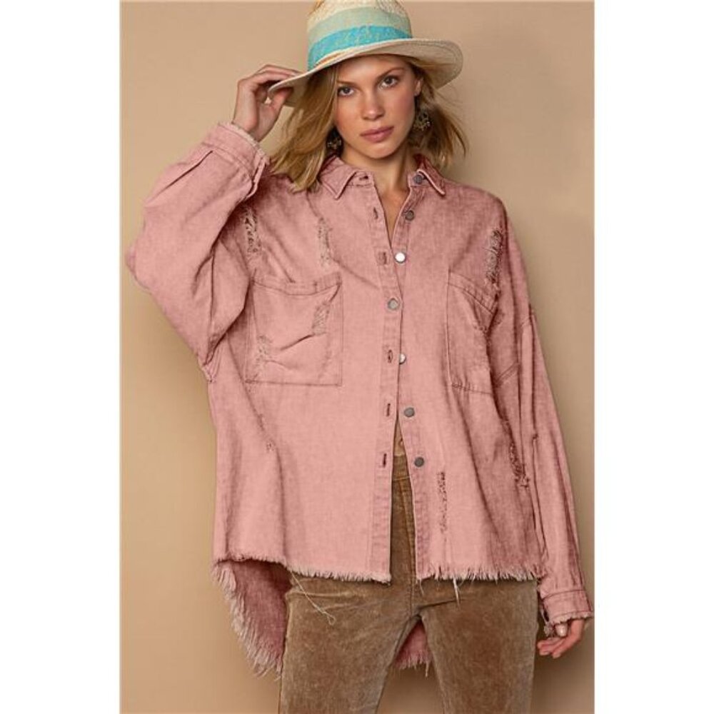 POL Button Down Raw‎ Hem Distressed Shacket - Picture 3 of 3
